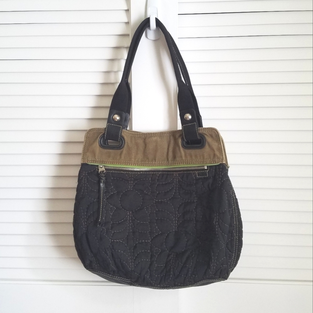 Fossil Green and Brown Shoulder Bag with Pleated Design